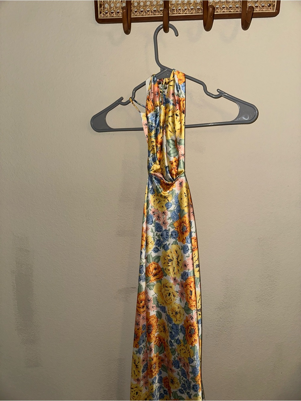 Floral Satin Halter Maxi Dress - Yellow Multi